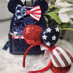 Disney Parks Loungefly Star Stripes American Sequin Mini Backpack&Ears